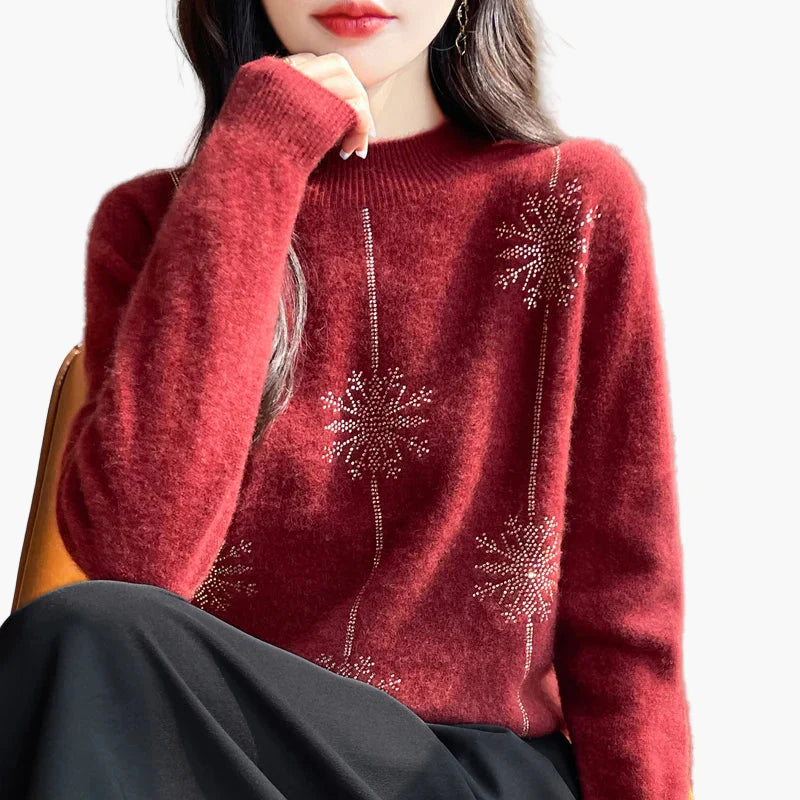 Damen Pullover mit Stehkragen und Strass-Verzierung – Eleganter Winterpullover für Alltag und Büro