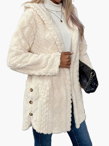 Damen Kuscheljacke mit Kapuze und Knopfdetails – Modischer Wintermantel für Alltag und Freizeit