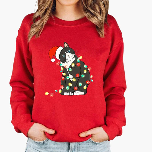 Damen Weihnachts-Sweatshirt mit Katze und Lichterkette – Lustiger Winter Pullover für Alltag & Feiertage