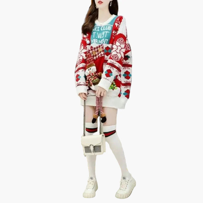 Damen Ugly Christmas Pullover Kleid – Lustiger Weihnachts-Sweater mit 3D Schneemann