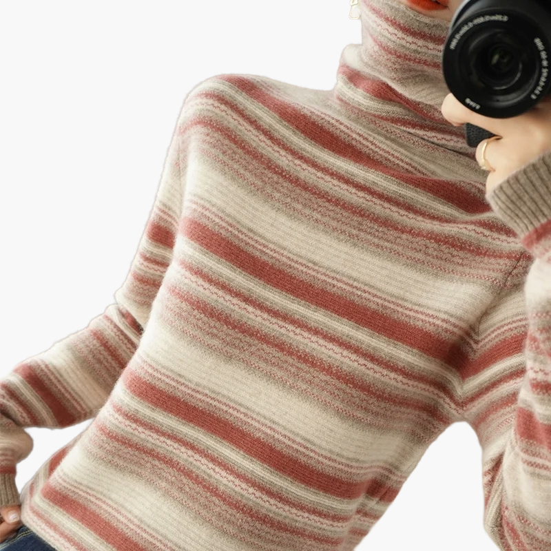 Damen Rollkragenpullover mit Retro-Streifenmuster – Bequemer Strickpullover für Alltag und Freizeit