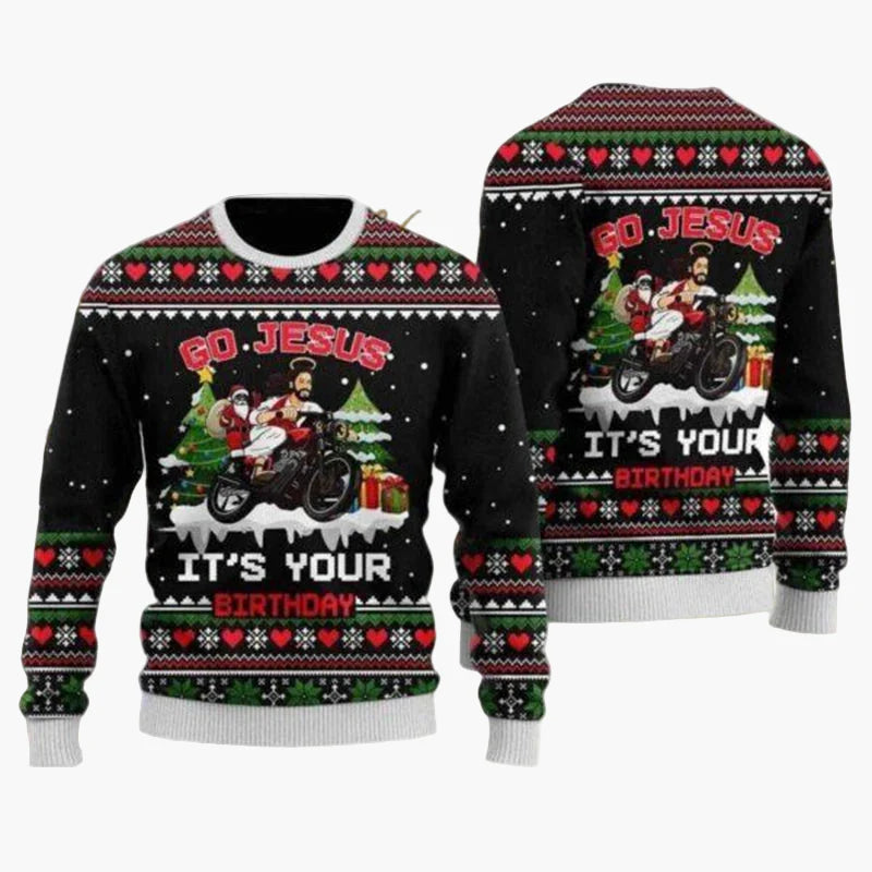 Herren Ugly Christmas Sweater Biker Santa – Lustiger Weihnachts-Pullover im Motorrad-Design