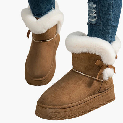 Damen Winter Stiefeletten mit Fellbesatz und Schleifendetail – Modische warme Boots für kalte Tage
