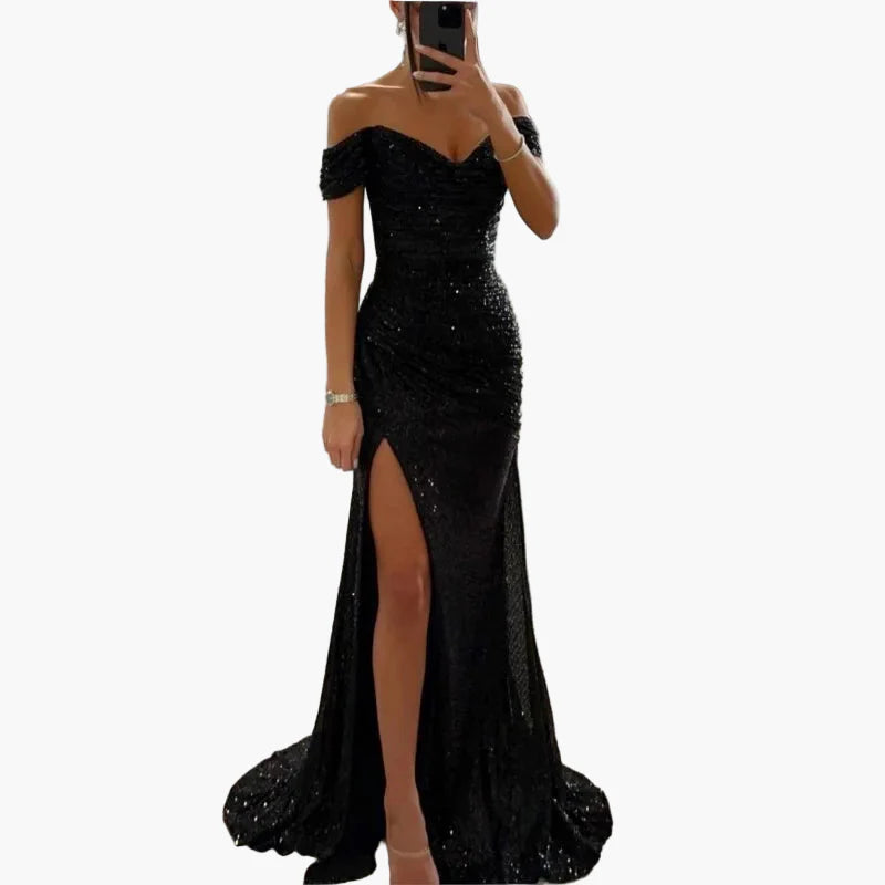Damen Abendkleid Elegant Off-Shoulder mit Hohem Schlitz – Perfekt für Festliche Anlässe und Gala