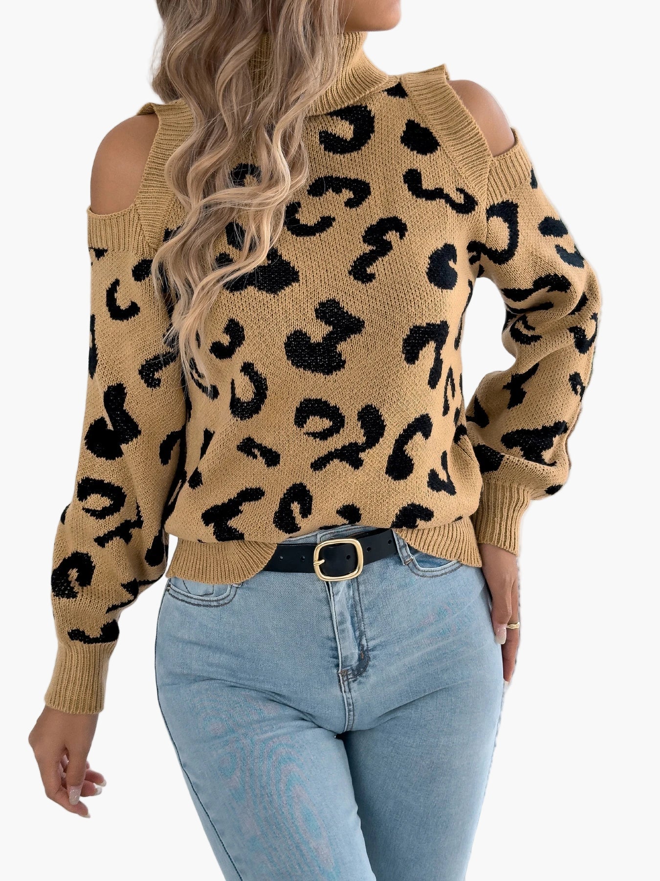 Damen Pullover mit Cut-Out Schultern und Leopardenmuster – Trendiger Freizeit-Strickpullover