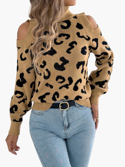 Damen Pullover mit Cut-Out Schultern und Leopardenmuster – Trendiger Freizeit-Strickpullover