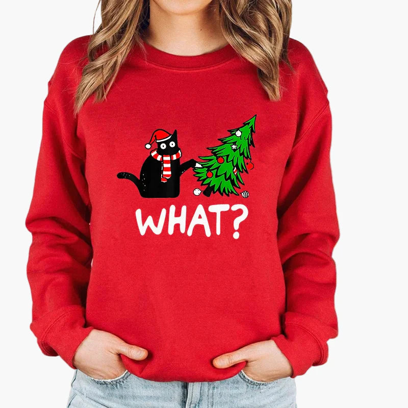 Damen Weihnachts-Sweatshirt mit Katze und Lichterkette – Lustiger Winter Pullover für Alltag & Feiertage