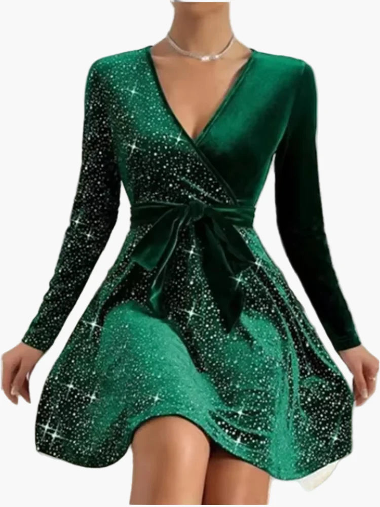 Damen Festliches Cocktailkleid mit Glitzer und Schleife – Elegantes Partykleid mit V-Ausschnitt, Langarm, Ausgestellt