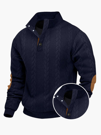 Herren Strickpullover mit Stehkragen, modischem Zopfmuster und Ellenbogen-Patches – Lässiger Outdoor-Sweater für Alltag und Freizeit