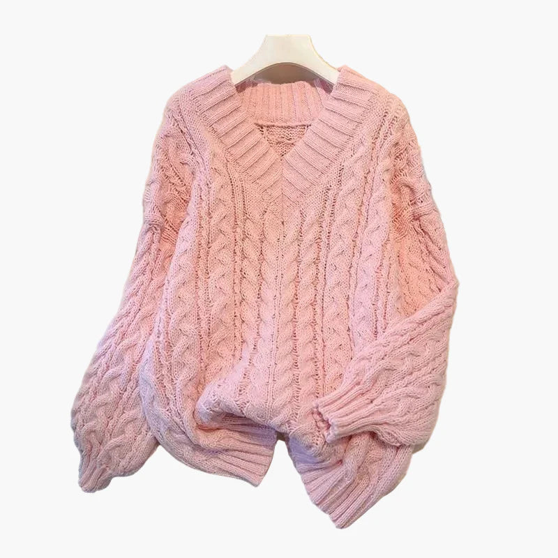 Damen Strickpullover im Oversize-Look mit V-Ausschnitt – Winter Freizeitmode, Zopfmuster, lässig