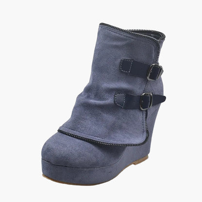 Damen Keilabsatz Stiefeletten mit Doppel-Schnalle für Herbst und Winter