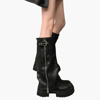 Damen Plateau-Stiefel mit Reißverschluss und Schnalle – Trendige Chunky Boots für Herbst und Winter