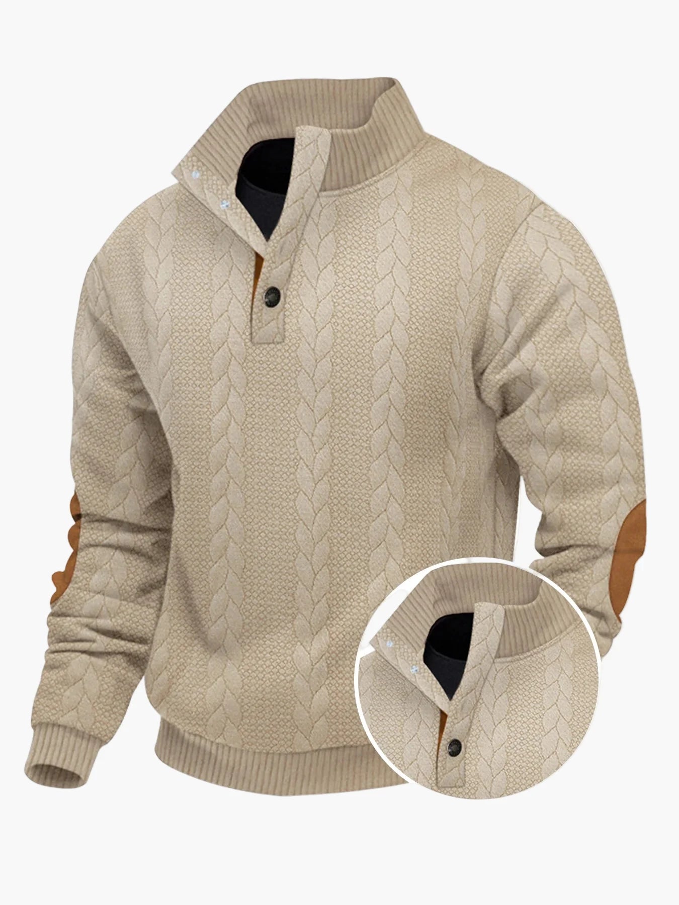 Herren Strickpullover mit Stehkragen, modischem Zopfmuster und Ellenbogen-Patches – Lässiger Outdoor-Sweater für Alltag und Freizeit