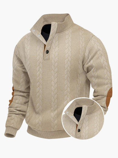 Herren Strickpullover mit Stehkragen, modischem Zopfmuster und Ellenbogen-Patches – Lässiger Outdoor-Sweater für Alltag und Freizeit