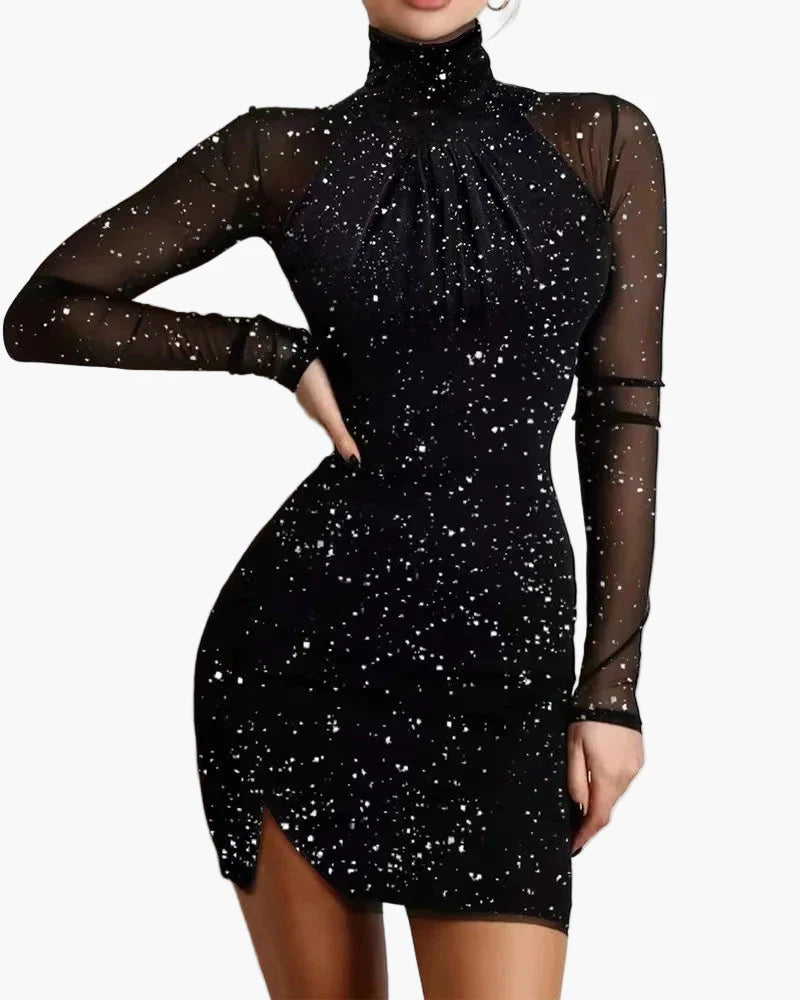 Damen Partykleid mit Glitzer-Effekt und Stehkragen – Elegantes Minikleid mit langen Ärmeln für festliche Anlässe