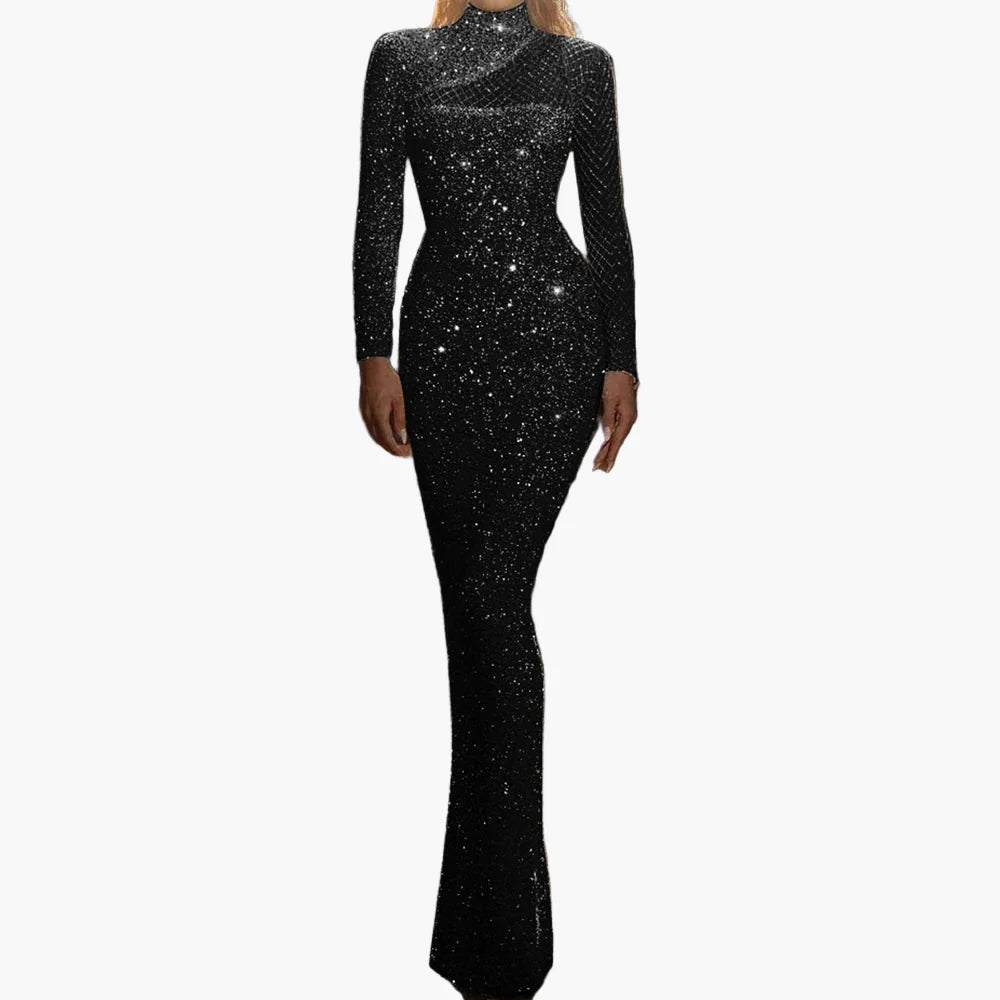 Damen Glitzer Abendkleid Langarm Elegant Bodycon Party Ballkleid