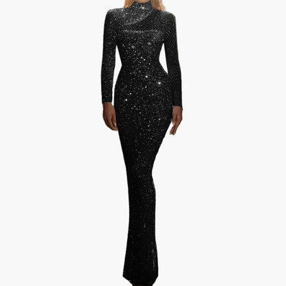 Damen Glitzer Abendkleid Langarm Elegant Bodycon Party Ballkleid