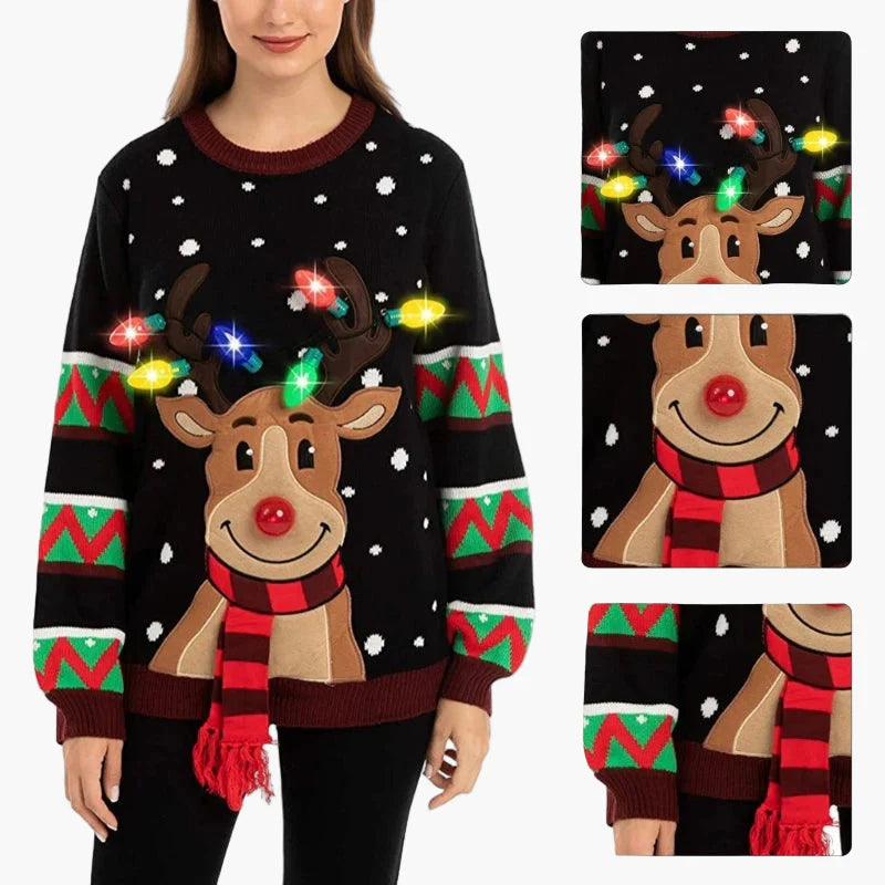 Damen Weihnachts-Pullover mit Rentier und LED-Lichtern – Lustiger Ugly Christmas Sweater für Festtage und Partys