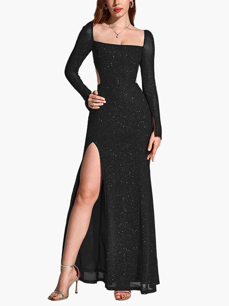 Damen Abendkleid mit Schlitz und Glitzer – Elegantes Maxikleid für festliche Anlässe