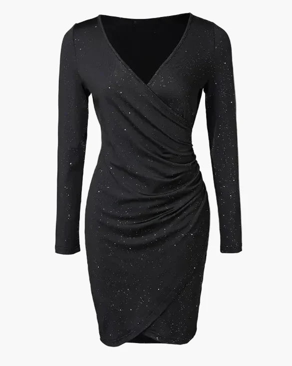 Damen Elegantes Bodycon Cocktailkleid mit Wickeloptik und Langarm – Perfekt für Abend- und Party-Outfits