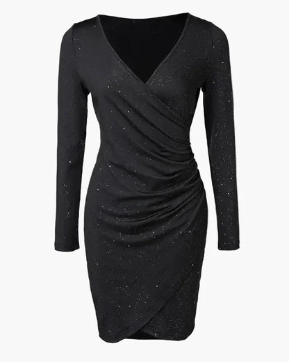 Damen Elegantes Bodycon Cocktailkleid mit Wickeloptik und Langarm – Perfekt für Abend- und Party-Outfits