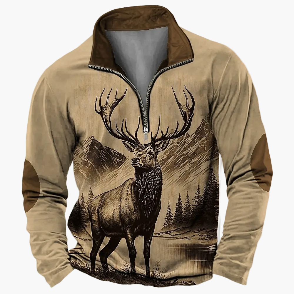 Herren Outdoor Sweatshirt mit Hirsch-Print und Reißverschluss – Freizeit & Jagd Pullover