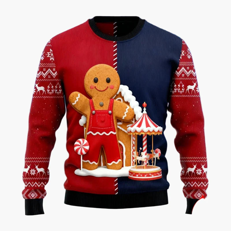 Herren Weihnachtspullover mit Lebkuchenmann, Lebkuchenhaus und Weihnachtsbaum – Lustiger Festlicher Ugly Christmas Sweater