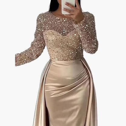 Damen Abendkleid Elegant Langarm Glitzer Pailletten Party- und Ballkleid