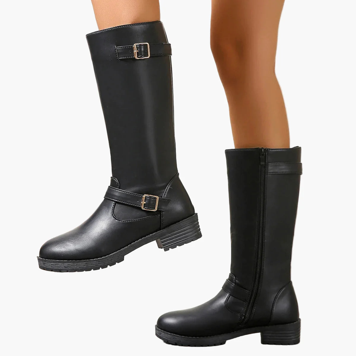 Damen Kniehohe Stiefel mit Schnalle und Reißverschluss – Elegante Alltags- & Freizeit-Boots