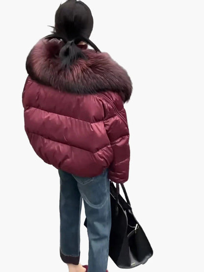 Damen Winter Steppjacke mit Kapuze und luxuriösem Pelzkragen – Stilvolle Kurzjacke für kalte Tage