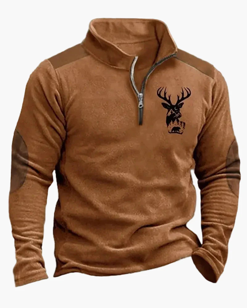 Herren Outdoor Sweatshirt mit Hirsch-Print und Reißverschluss – Freizeit & Jagd Pullover