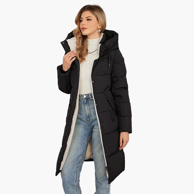 Damen Winter Steppmantel mit Kapuze – Langer, modischer Outdoor-Mantel für kalte Tage