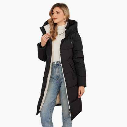 Damen Winter Steppmantel mit Kapuze – Langer, modischer Outdoor-Mantel für kalte Tage