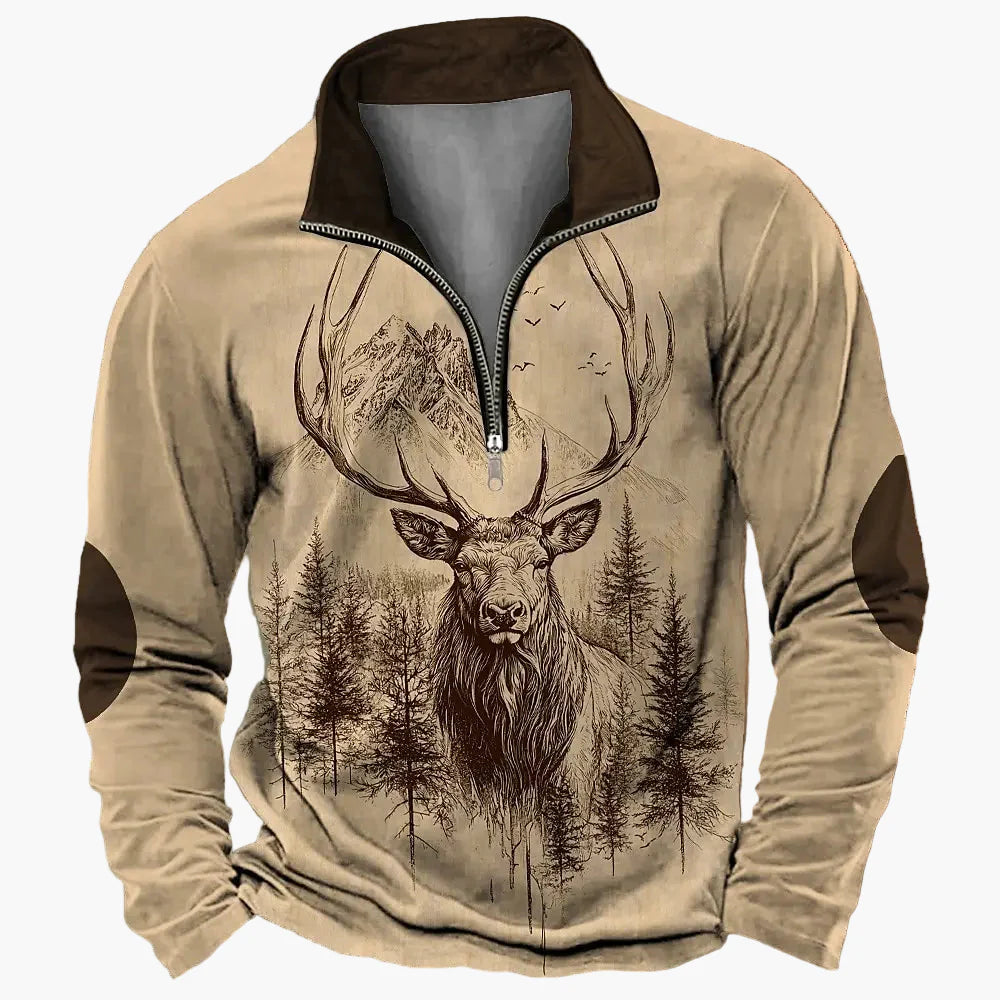 Herren Outdoor Sweatshirt mit Hirsch-Print und Reißverschluss – Freizeit & Jagd Pullover