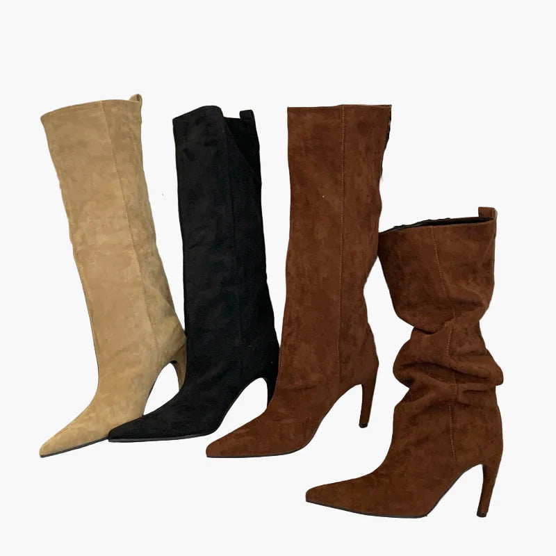 Damen Stiefel mit hohem Absatz und spitzer Zehenpartie für Herbst und Winter – Modische Slouchy Boots