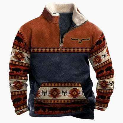 Herren Western Retro Fleece Pullover mit Ethno-Muster – Outdoor & Freizeit