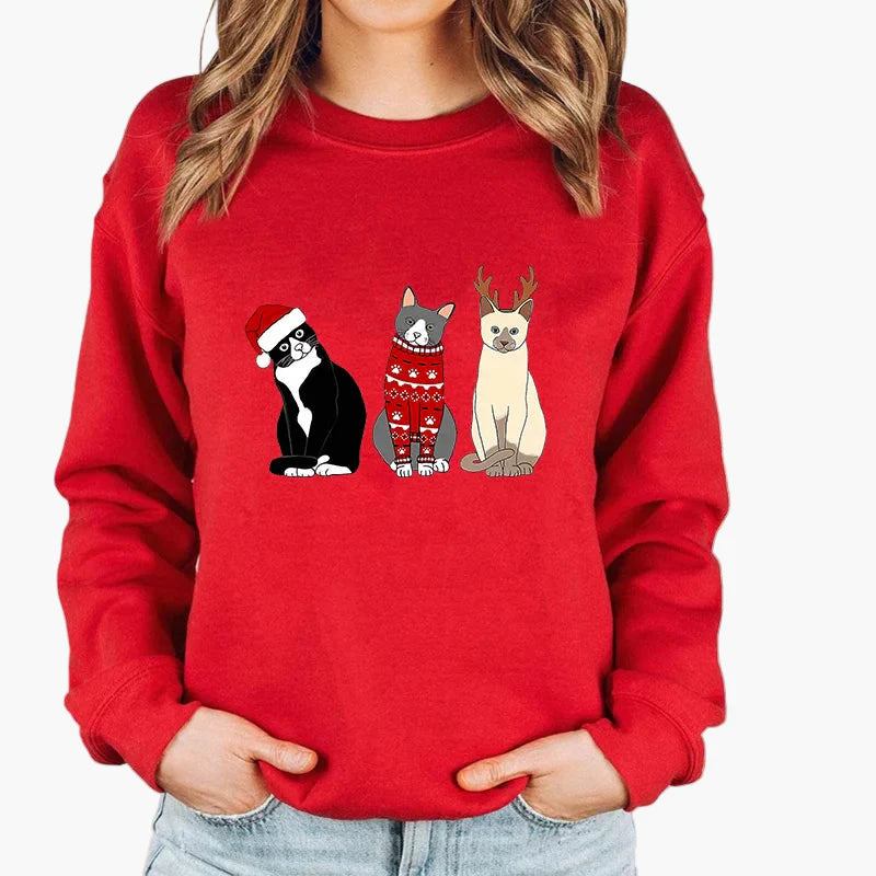 Damen Weihnachts-Sweatshirt mit Katze und Lichterkette – Lustiger Winter Pullover für Alltag & Feiertage