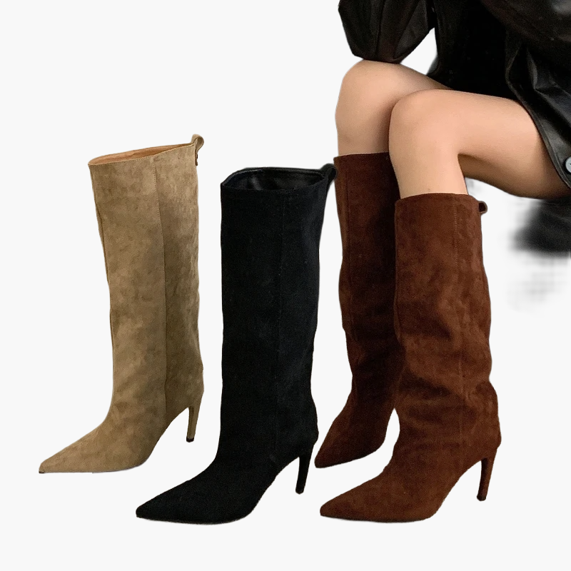 Damen Stiefel mit hohem Absatz und spitzer Zehenpartie für Herbst und Winter – Modische Slouchy Boots