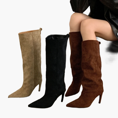 Damen Stiefel mit hohem Absatz und spitzer Zehenpartie für Herbst und Winter – Modische Slouchy Boots