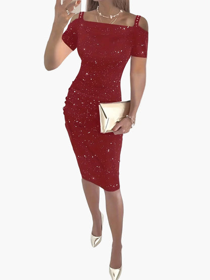 Damen Schulterfreies Partykleid mit funkelndem Sternenmuster – Elegantes, figurbetontes Abendkleid für besondere Anlässe