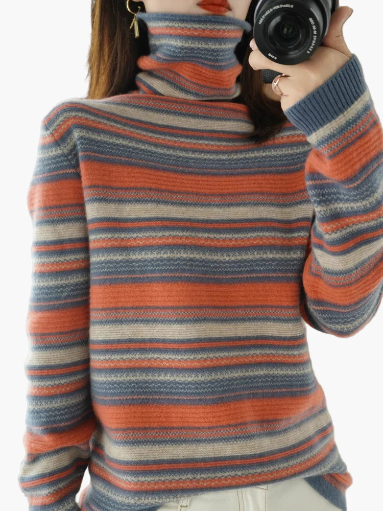Damen Rollkragenpullover mit Retro-Streifenmuster – Bequemer Strickpullover für Alltag und Freizeit