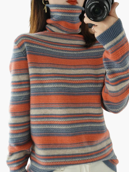 Damen Rollkragenpullover mit Retro-Streifenmuster – Bequemer Strickpullover für Alltag und Freizeit