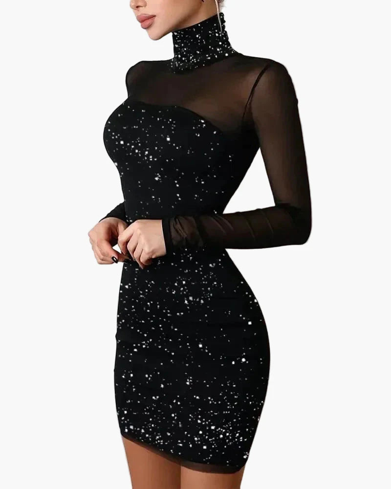 Damen Partykleid mit Sternenmuster und Mesh-Ärmeln – Elegantes figurbetontes Minikleid für festliche Anlässe