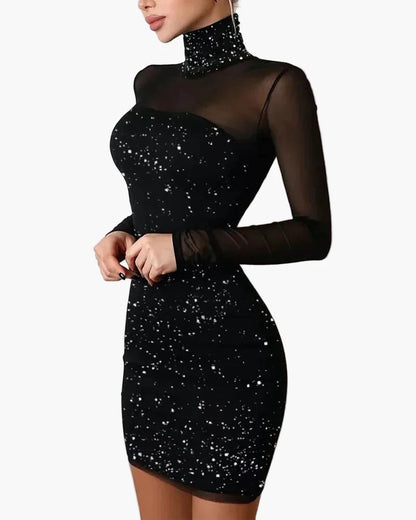 Damen Partykleid mit Sternenmuster und Mesh-Ärmeln – Elegantes figurbetontes Minikleid für festliche Anlässe
