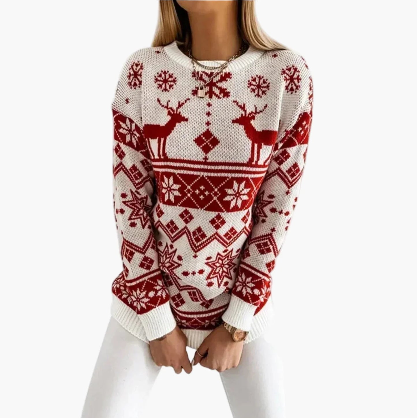 Damen Weihnachtspullover mit Rentier- und Schneeflocken-Muster - Modischer Freizeit-Strickpullover für die festliche Saison