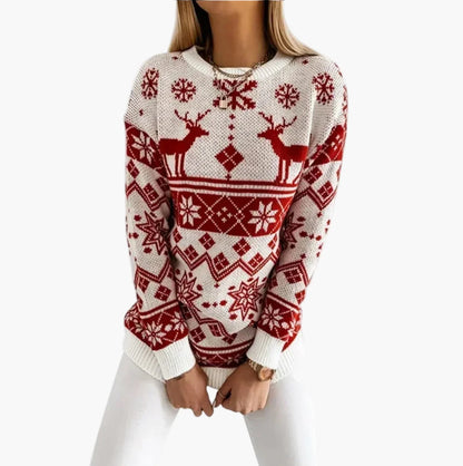 Damen Weihnachtspullover mit Rentier- und Schneeflocken-Muster - Modischer Freizeit-Strickpullover für die festliche Saison