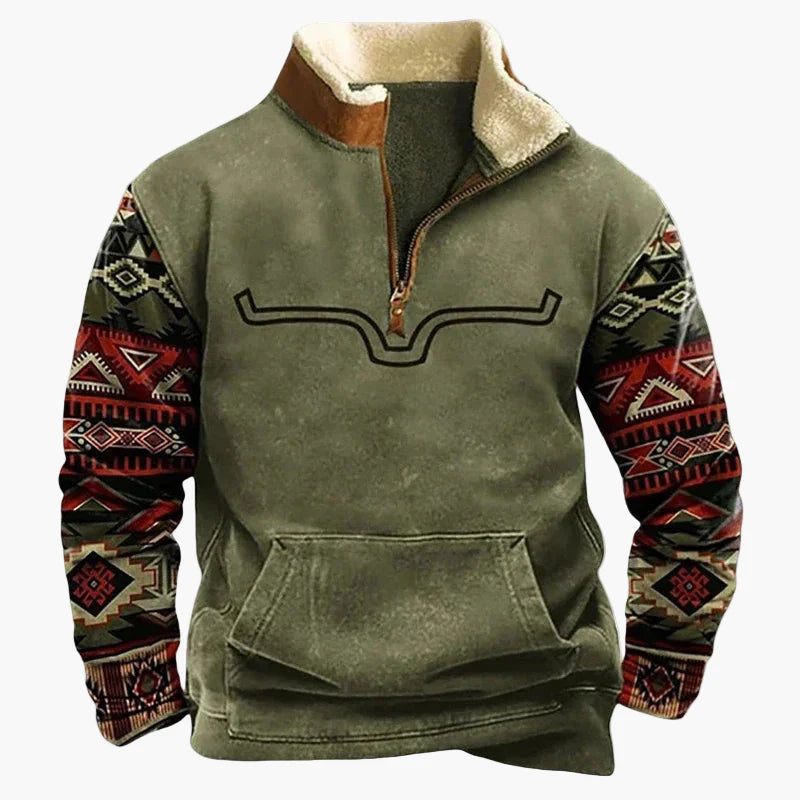 Herren Western Retro Fleece Pullover mit Ethno-Muster – Outdoor & Freizeit