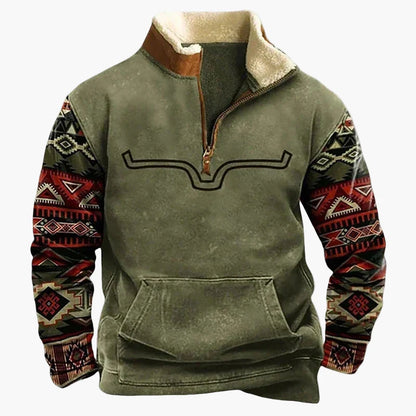 Herren Western Retro Fleece Pullover mit Ethno-Muster – Outdoor & Freizeit