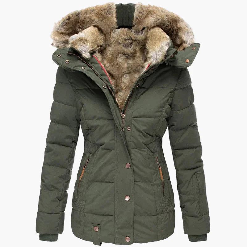 Damen Winter Steppjacke mit Kapuze und Kunstfell – Eleganter, taillierter Parka für kalte Tage