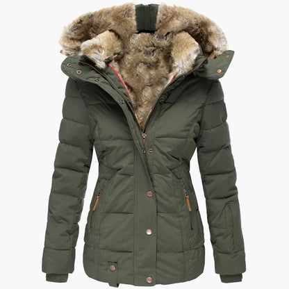 Damen Winter Steppjacke mit Kapuze und Kunstfell – Eleganter, taillierter Parka für kalte Tage